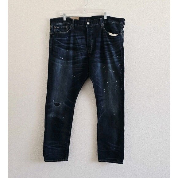 New-Polo Ralph Lauren Mens Sullivan Slim Paint Distressed Blue Denim Jeans 42x32 - Picture 1 of 11